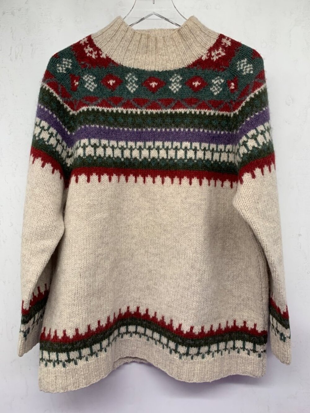 Vintage Moda Intl Fair Isle Wool Sweater Beige With Red & Green Nordic Pattern L